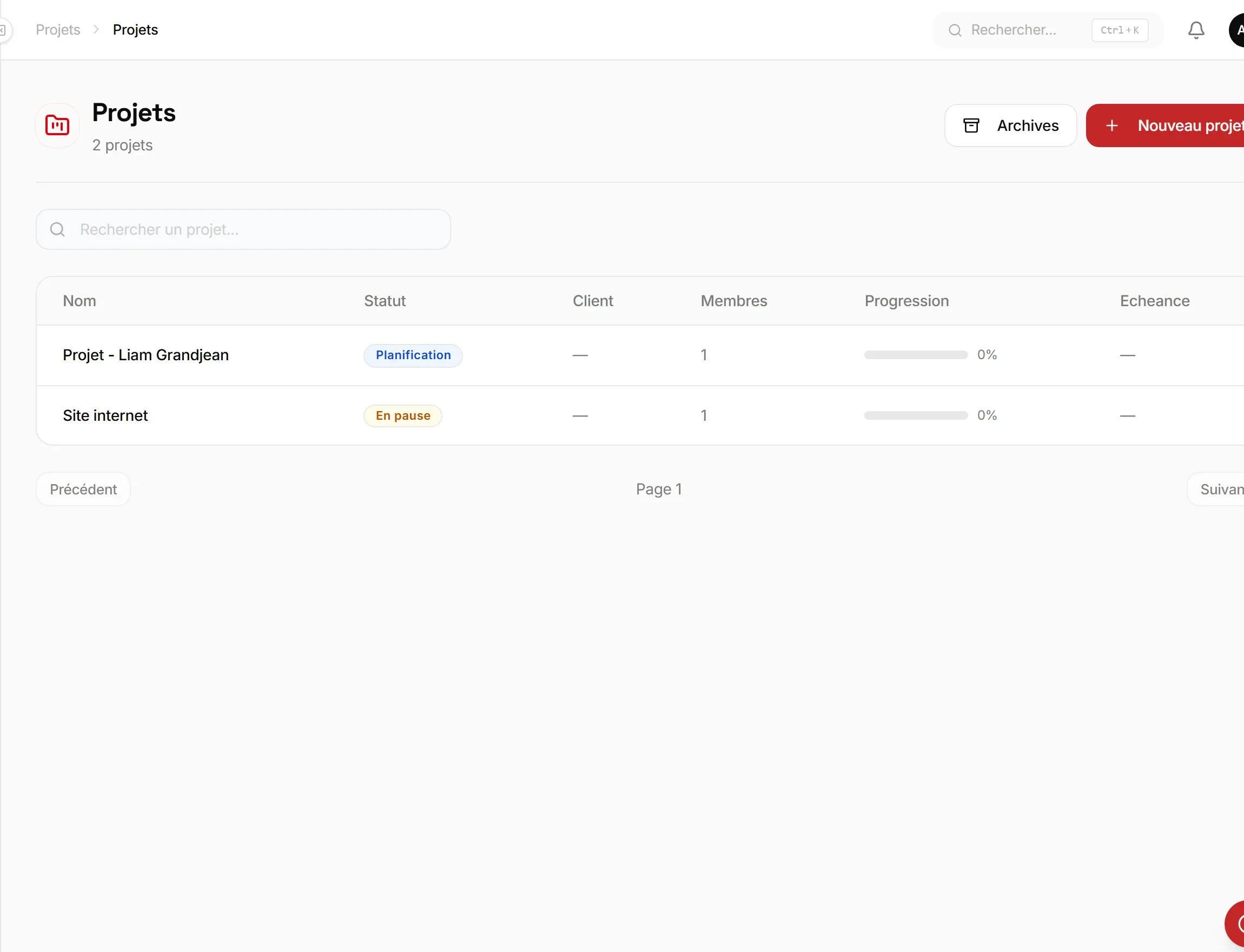 Projets & Timesheets — capture d'écran
